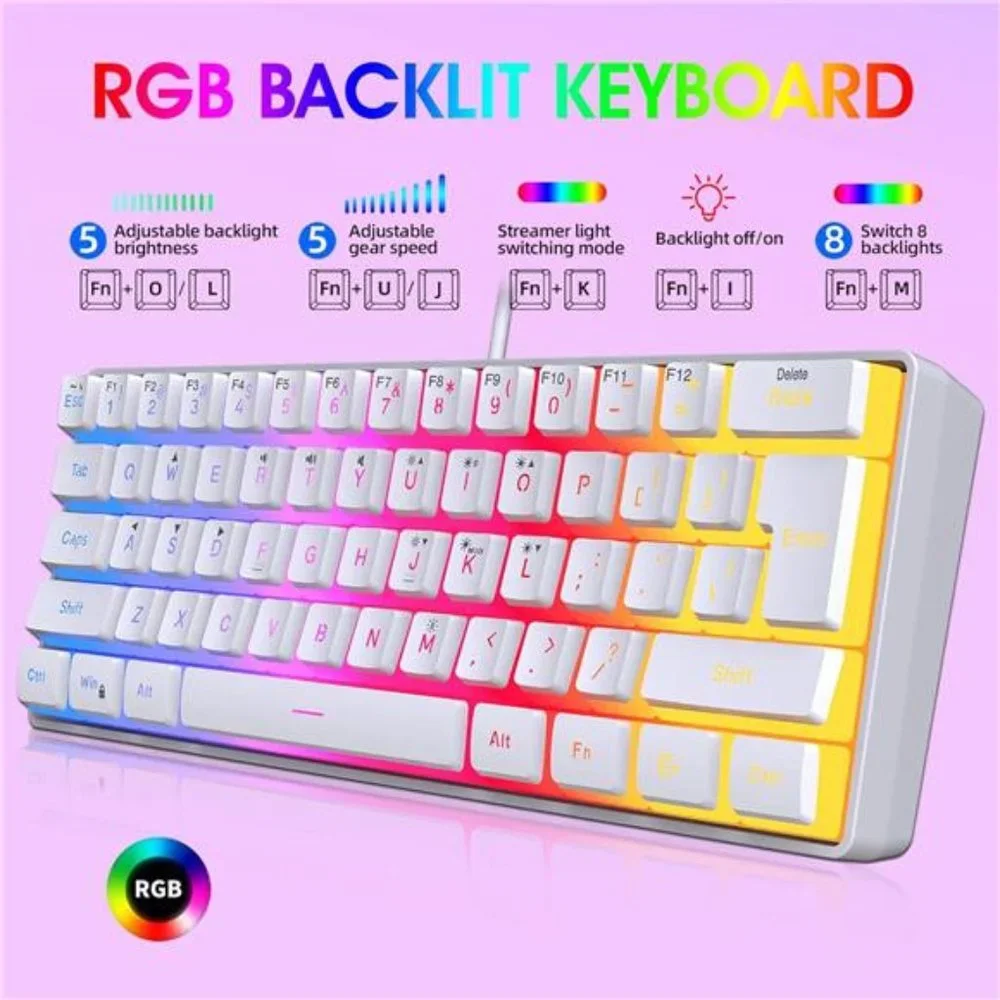 60% Wired Gaming Keyboard, Pudding Keycaps with Translucent Layer, RGB Backlit